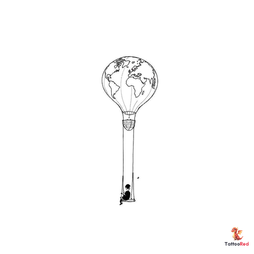 Small long shaped hot air balloon wiht a tapered bottom with a simplified world map inside the ballo