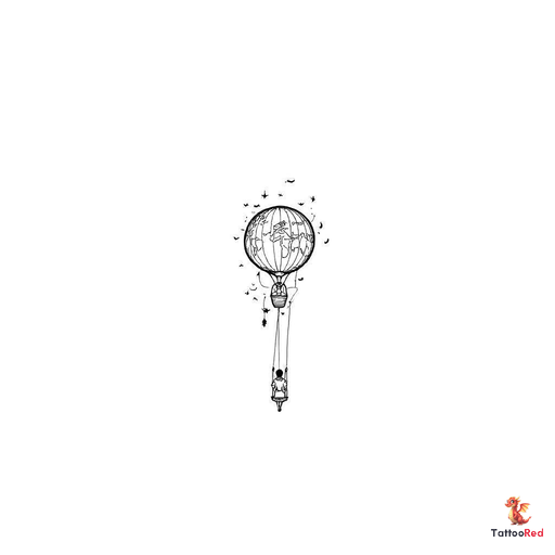 Small long shaped hot air balloon wiht a tapered bottom with a simplified world map inside the ballo