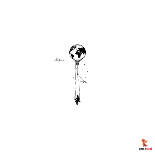 Small long shaped hot air balloon wiht a tapered bottom with a simplified world map inside the ballo