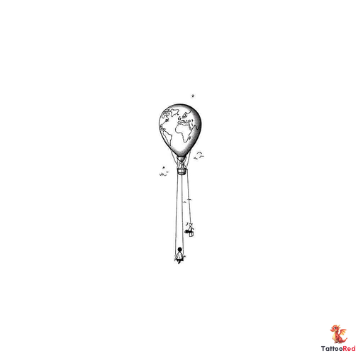 Small long shaped hot air balloon wiht a tapered bottom with a simplified world map inside the ballo