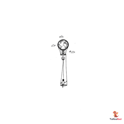 Small long shaped hot air balloon wiht a tapered bottom with a simplified world map inside the ballo