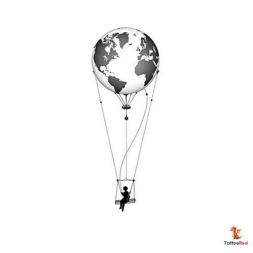 Small long shaped hot air balloon wiht a tapered bottom with a simplified world map inside the ballo