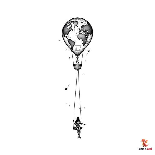 Small long shaped hot air balloon wiht a tapered bottom with a simplified world map inside the ballo