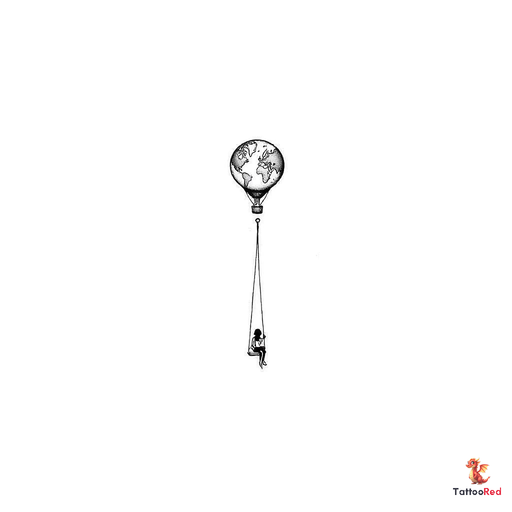 Small long shaped hot air balloon wiht a tapered bottom with a simplified world map inside the ballo