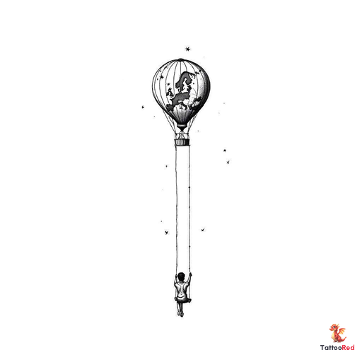 Small long shaped hot air balloon with a tapered bottom and a swing instead of the basket with a sim