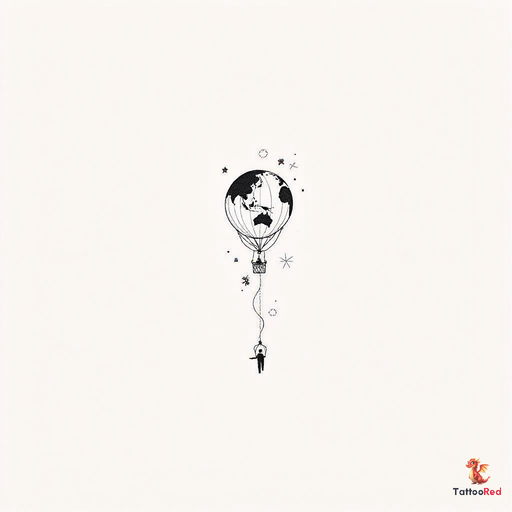 Minimal micro tattoo of a hot air balloon world map, ultra simplified oval balloon, smooth continent