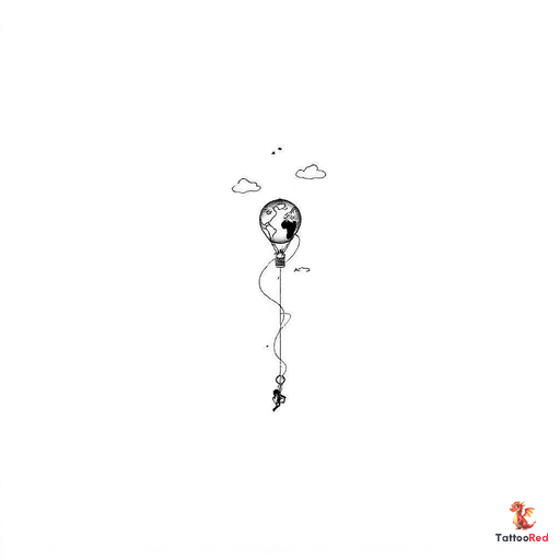 Minimal micro tattoo of a hot air balloon europe map, ultra simplified oval balloon, smooth continen