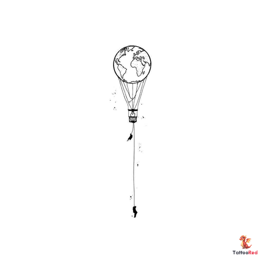 Delicate small tattoo design of a hot air balloon with a very simplified world map inside the balloo