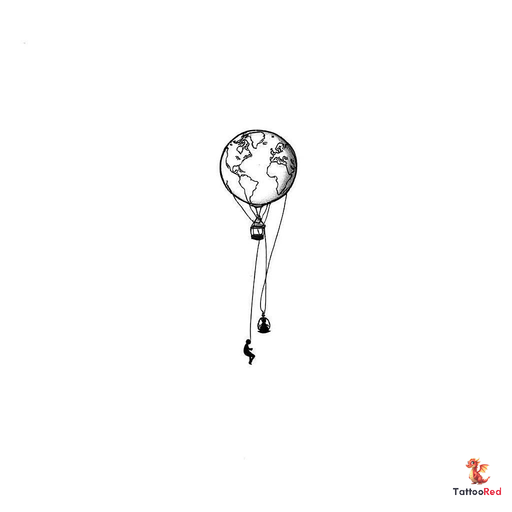 Delicate small tattoo design of a hot air balloon with a very simplified world map inside the balloo