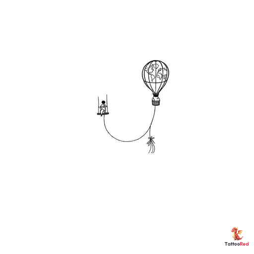 A small, elongated hot air balloon with a tapered base, featuring a swing instead of a basket. Insid