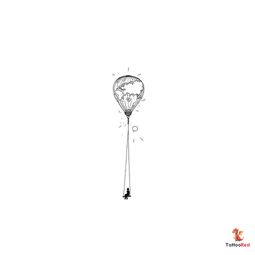 A long, narrow hot air balloon with a pointed bottom and a swing instead of a basket. Inside the bal