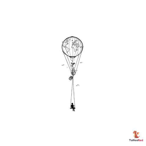 A long, narrow hot air balloon with a pointed bottom and a swing instead of a basket. Inside the bal