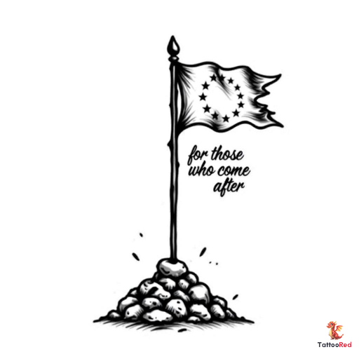 slight torn up triangular flag of the european union with a flag pole in a pile of rocks , black and