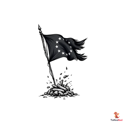 slight torn up triangular flag of the european union with a flag pole in a pile , black and white w