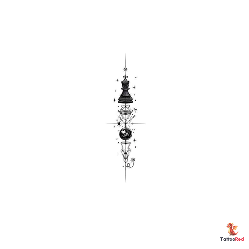 A geometric fineline neorealism king and queen chess piece floeting abobe eavhother being the venter